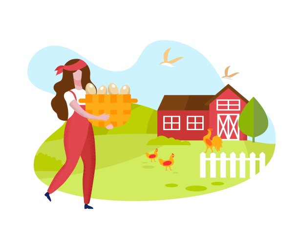 妇女篮子鸡蛋鸡牧场背景。图片下载