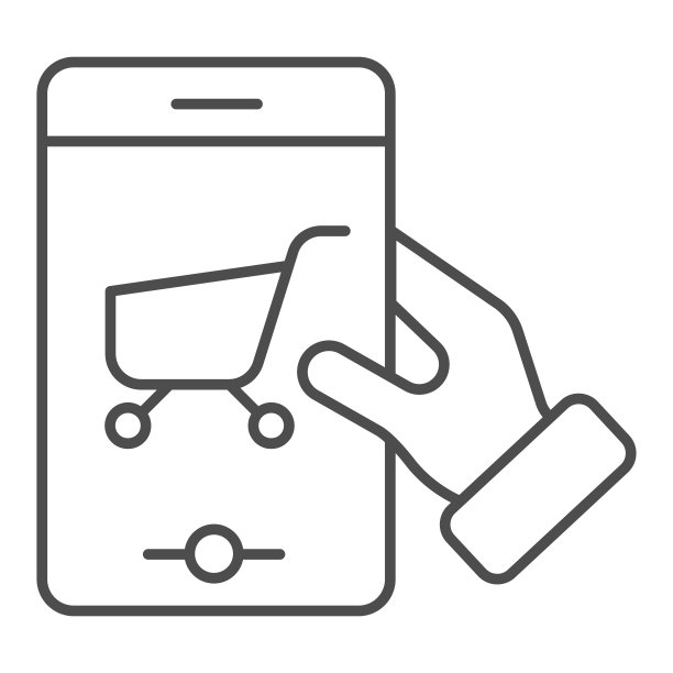 智能手机上的购物车细线图标。手机上的商店应用程序矢量插图孤立在白色。手机采用手推车轮廓式设计，专为网页和应用设计。Eps 10。图片下载
