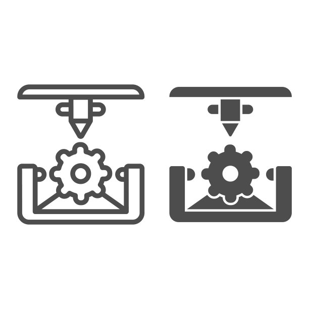 齿轮3d打印线和字形图标。3d打印力学矢量插图孤立在白色。齿轮3d打印工艺轮廓风格设计，专为网页和应用程序。Eps 10。图片下载