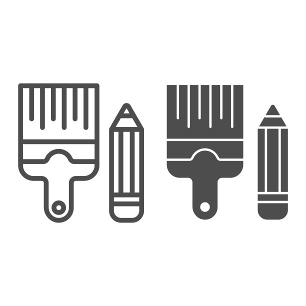 铅笔和笔刷线和字形图标。绘图工具矢量插图孤立在白色。油漆和画轮廓风格设计，设计为web和应用程序。Eps 10。图片下载