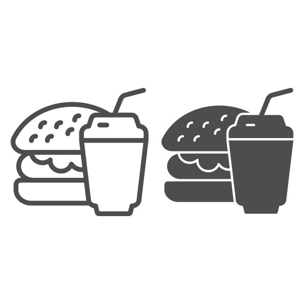 汉堡和汽水生产线和字形图标。快餐矢量插图孤立在白色。汉堡和饮料轮廓风格的设计，为网页和应用程序设计。图片下载
