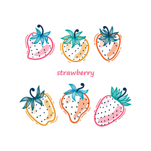 草莓浆果。水果系列。可爱的彩色草莓轮廓矢量插图图片下载