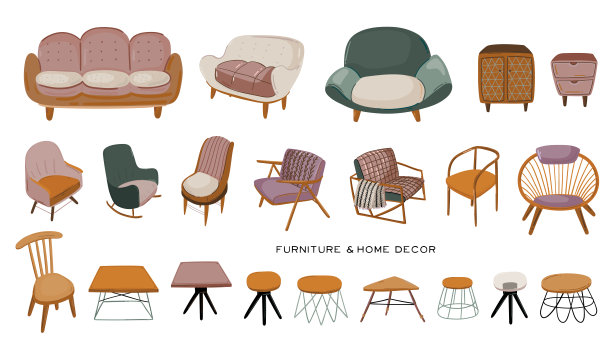 时尚的斯堪的那维亚客厅室内-孤立的沙发，扶手椅，咖啡桌，五斗柜，家居装饰。图片下载