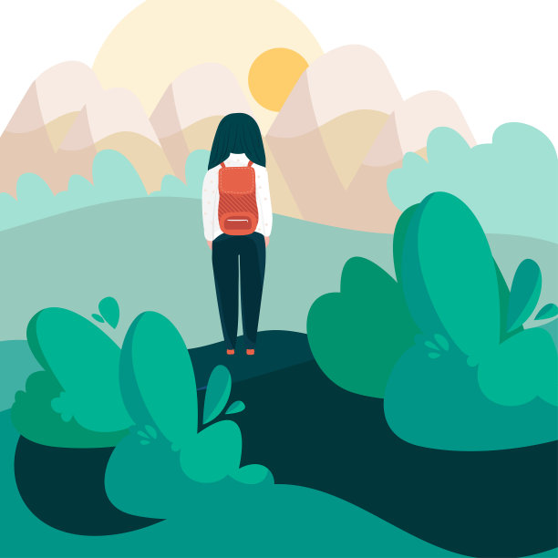 独自在自然中徒步旅行的背包女孩矢量插画图片下载