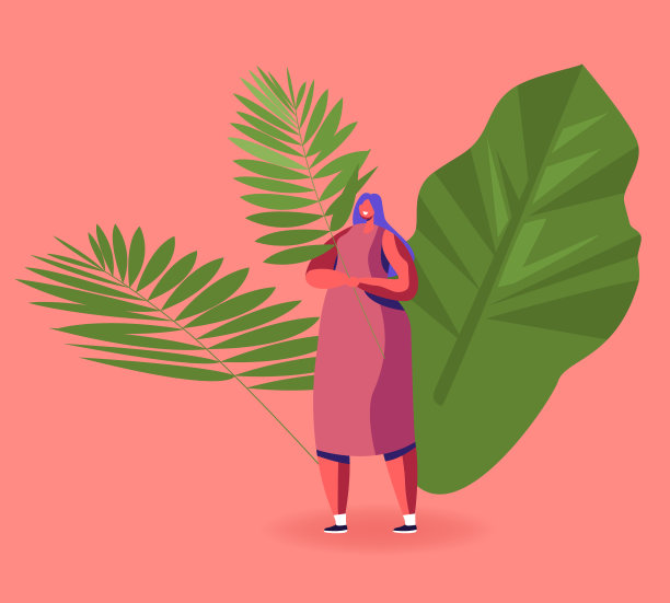 年轻的正面微笑的女人穿着洋装，手里拿着热带植物的绿色棕榈叶。健康食品，印度尼西亚或亚洲烹饪概念。友好的女孩卡通平面矢量插图图片下载