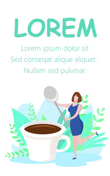 拿着大勺子在咖啡杯旁边的女人。向量。图片下载