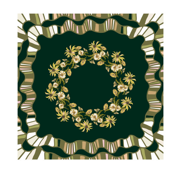 方形花卉矢量图案，黄色洋蓟花，金盏花，卡通涂鸦，明亮，以地方为文字，夏季插图，自然，为披肩，头巾，围巾设计图片下载