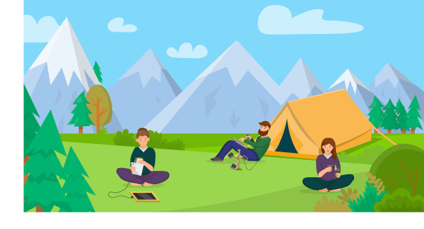 人们露营时用太阳能电池给手机充电图片下载