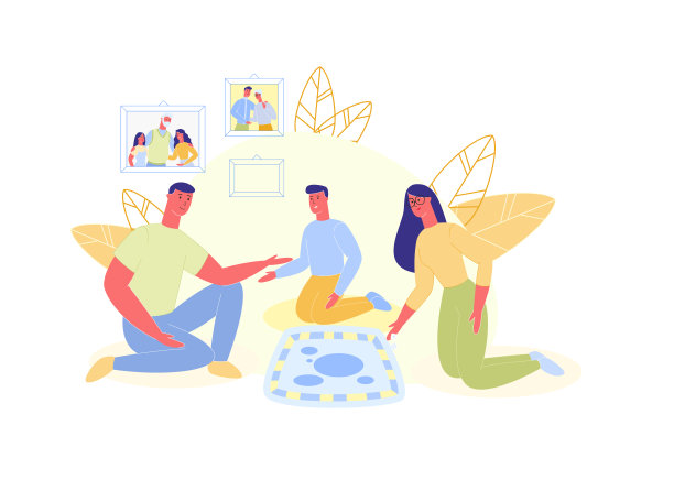 一家人坐在地板上一起玩棋盘游戏。图片下载