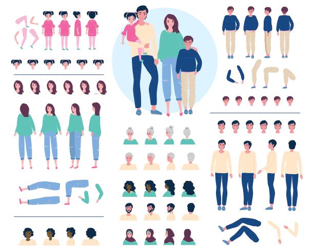 家庭卡通人物构造器，创造工具包矢量插图图片下载