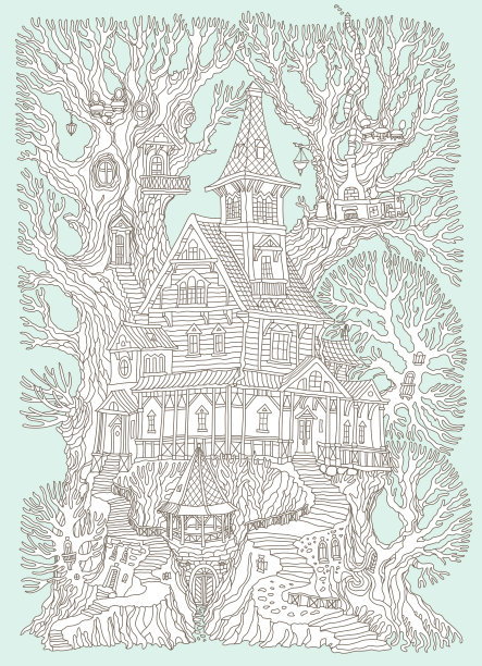 矢量手绘幻想老树桩与童话房子和烧烤露台在绿色的背景。线性棕色轮廓草图。t恤印花，贺卡，派对请帖图片下载