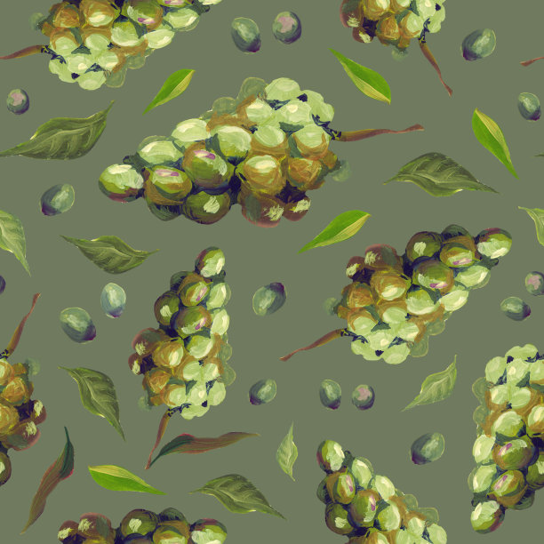 绿葡萄枝头多汁鲜亮，果实无缝花纹。手工水粉画插图。图片下载