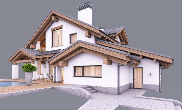 现代住宅的3d渲染在晚上孤立在灰色图片下载