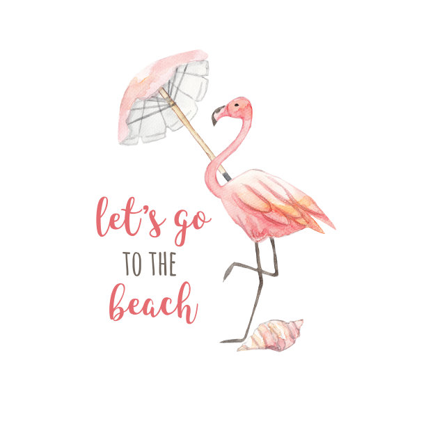 水彩夏天的标志。火烈鸟，伞，贝壳和题词让我们去海滩。水彩插图图片下载