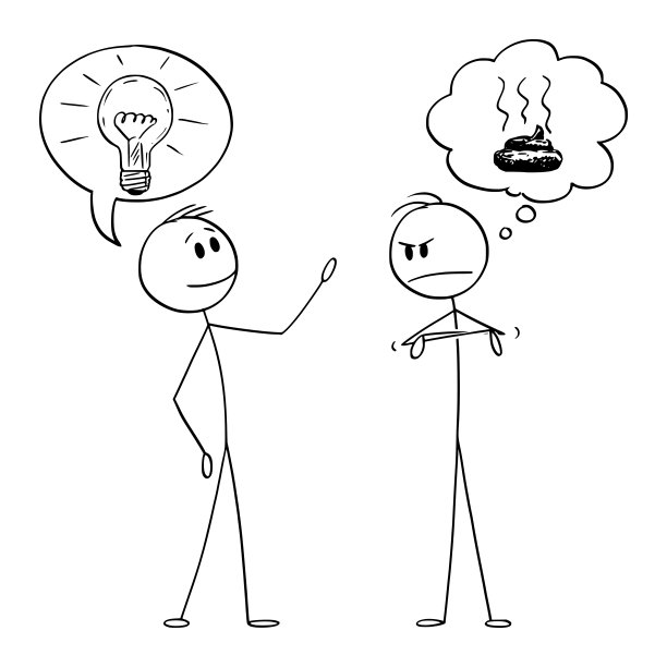 矢量卡通插图的两个男人或商人，一个想法和第二思考这个想法是狗屎或废物图片下载