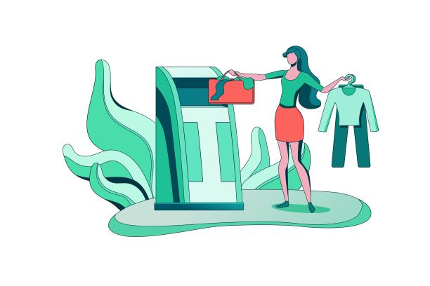衣物回收理念，女孩把袋子放进容器，纺织品回收，人们捐赠衣物，生态平面卡通插图，生态背景图片下载