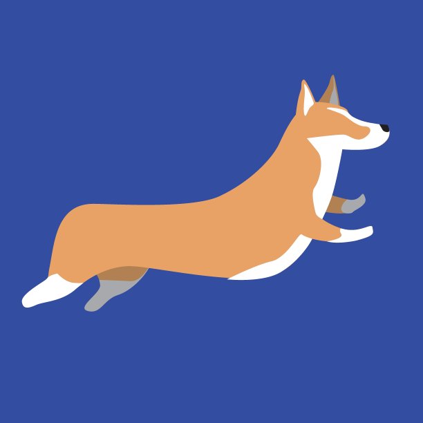 一只柯基跳跃和孤立在设计或打印的蓝色背景，一个平面矢量股票插图涂鸦宠物或快乐的狗ââ作为自由的概念图片下载