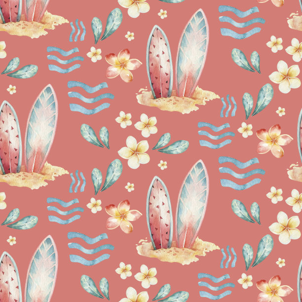 水彩风格无缝冲浪模式的冲浪男人和女人冲浪者的剪影与冲浪板波浪的背景。海洋冲浪夏季设计图片下载