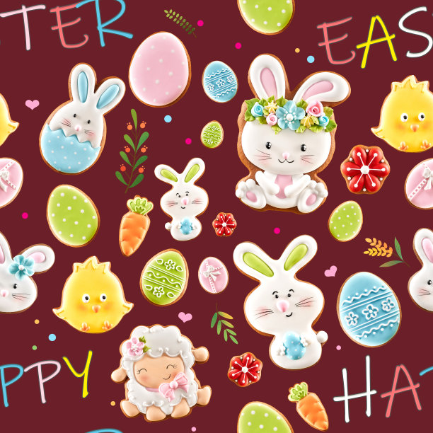 复活节姜饼干在深红色的背景。图片下载