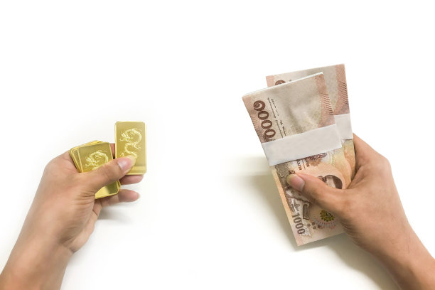 黄金投资概念，左手拿着金锭图片下载