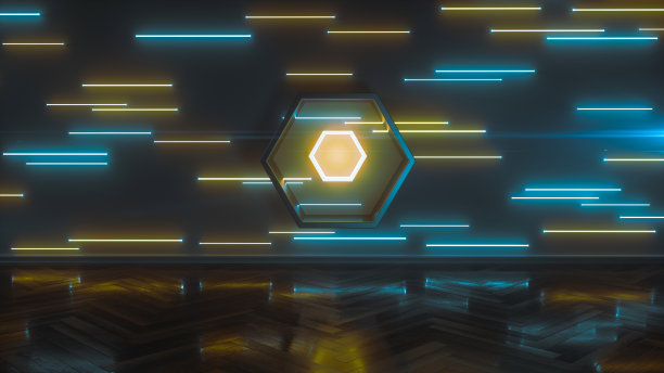 室内霓虹灯照明，墙上激光灯，充满活力的色彩，房间照明，抽象装置，创意背景，六角形，3d渲染图片下载