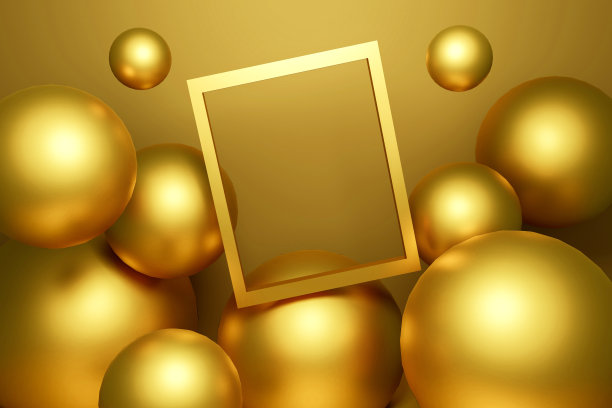 抽象的金色背景纹理与几何形状和反射横幅，显示在网站上。3d球墙与金属球。空画框和金色讲台的场景概念。3 d渲染。图片下载