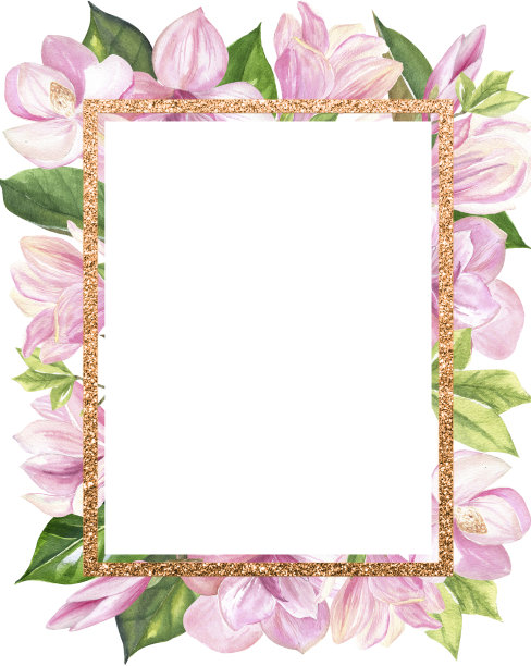 完成的图像，一个金色的框架与粉红色的木兰花和绿色的叶子，水彩，在一个白色的背景，有一个地方为您的签名图片下载