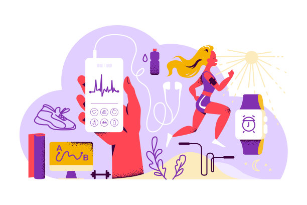 健康的生活方式理念与跑步女性在运动装备，手持智能手机与健身应用程序界面，耳机，智能手表，瑜伽垫，水瓶，鞋类等。图片下载