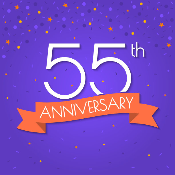 55周年纪念标志孤立在五彩纸屑背景。55周年的彩带横幅。生日、庆典、聚会、请柬设计元素。矢量插图。图片下载