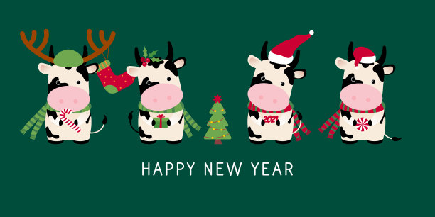 圣诞树或新年树。可爱的牛，牛，牛。2021年冬天背景与奶牛。牛的星座符号。2021年是中国的牛年。新年快乐。象征中国新年的概念形象图片下载