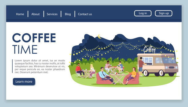 咖啡时间登陆页面矢量模板。街道食品卡车网站界面与平面插图的想法。城市节日主页布局。人们在公园咖啡厅休息网页横幅，网页卡通概念图片下载