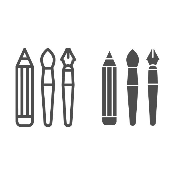 手绘工具线和实体图标。铅笔、钢笔、毛笔符号，白色背景上的轮廓风格象形图。学校或文具标志的移动概念和网页设计。矢量图形。图片下载