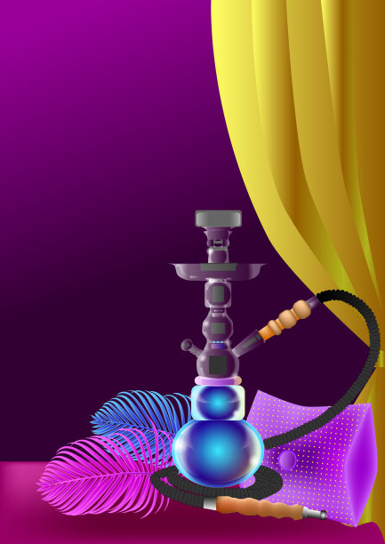 水烟，装饰颜色图像在一个深紫色的背景，一个金色的窗帘，蓝色和粉红色的羽毛和一个淡紫色的枕头。水烟横幅。烟囱和休息。酒廊酒吧和水烟菜单插图。图片下载