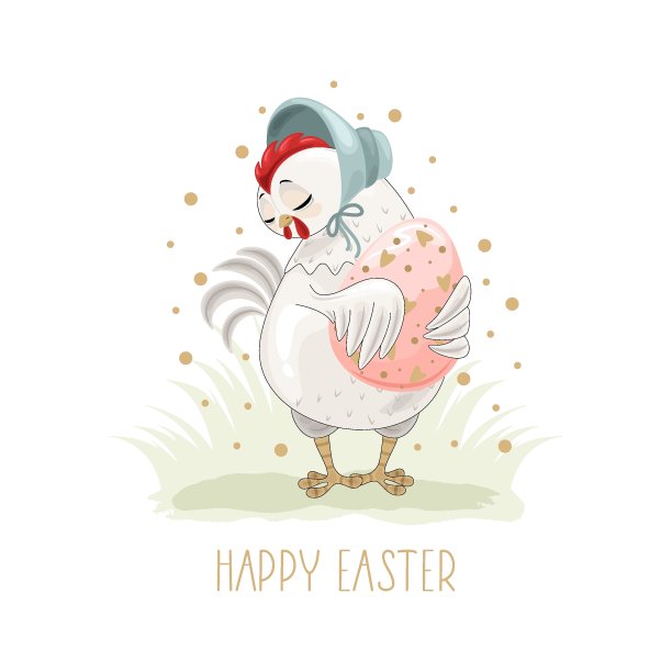 手绘“复活节快乐”短语的可爱复活节小鸡，复活节彩蛋、树叶枝条和鲜花，用于请柬和贺卡的画笔字图片下载