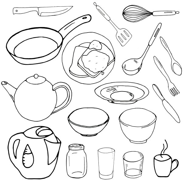 白色背景上的陶器素描餐具。图片下载