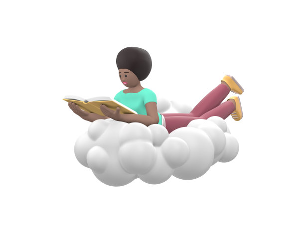 一个年轻活泼的非洲女孩正躺在天空中的云上看书。积极的角色在休闲彩色衣服孤立在白色的背景。有趣，快乐的卡通人，学生，青少年简约风格。3 d渲染。图片下载