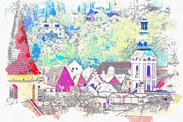 捷克共和国美丽的克鲁姆洛夫水彩画。图片下载