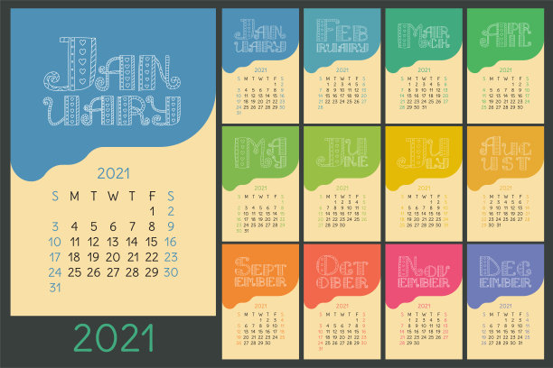 2021年彩色日历，矢量手绘设计，涂鸦英文文字，爱心和线条图片下载