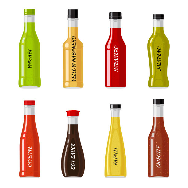 一套玻璃瓶子装满了辣椒酱向量图片下载