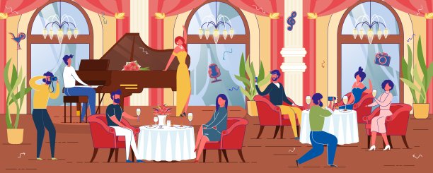 人们在豪华餐厅宴会厅用餐。图片下载