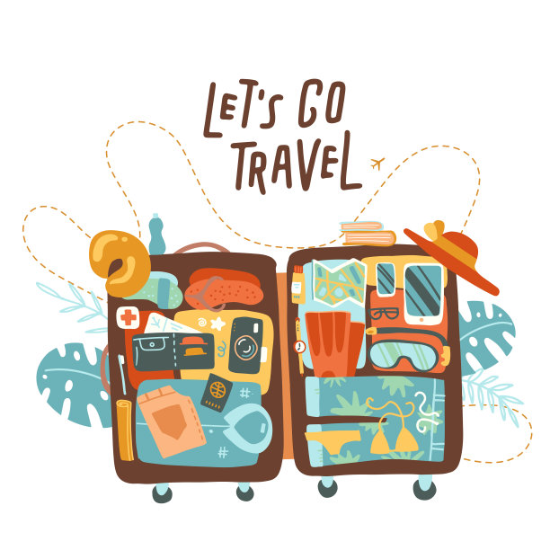 让我们去旅行的概念，打开行李箱，里面有很多东西。以热带棕榈叶为背景的旅行行李。平面vactor插图与字母图片下载