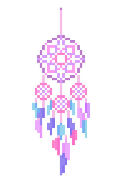 捕梦网装饰有蓝色，粉色，紫色的羽毛，像素艺术图标孤立在白色。8位印度魔法保护符号。老式老虎机/电子游戏图像。图片下载
