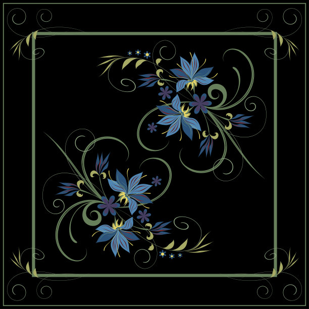向量花卉图案的平方上的黑色背景。鲜艳的花和叶为纺织品设计的披肩、头巾、围巾。用于装饰亚洲妇女衣服的装饰印花。图片下载