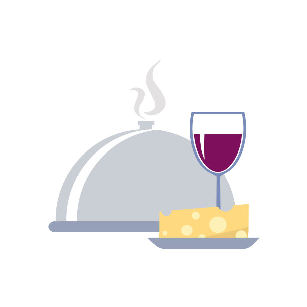 葡萄酒杯与一片奶酪和服务托盘在白色背景矢量插图设计。图片下载