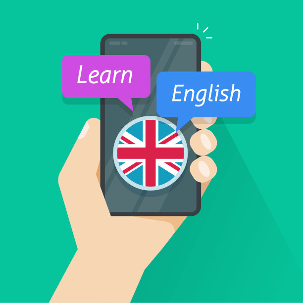 通过手机app学习英语或在智能手机上学习外语在线矢量平面卡通图像，数字教育课程或手机应用学习英语网络课程图片下载