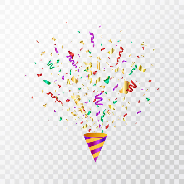 五彩缤纷的纸屑在透明的背景上飞舞。五彩纸屑，蛇纹的派对爆竹。明亮喜庆的金属丝。晚会烟花。节日的设计元素。矢量图图片下载
