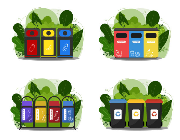 垃圾桶矢量平面插图。分类垃圾。生态学和循环观念。彩色的垃圾桶在现代平坦的绿色背景。图片下载