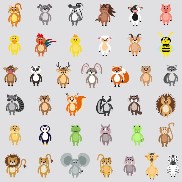 大收集一套可爱的农场，家养，野生和狩猎动物孤立在灰色背景。库存矢量插图儿童书籍，贴纸，装饰和设计，纺织品和更多。图片下载