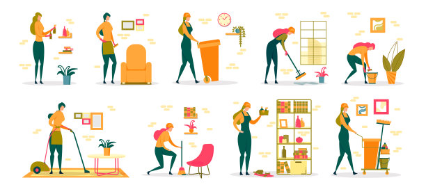 清洁服务人员和家庭活动。图片下载