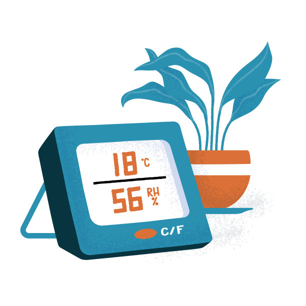数字，电子温度计显示温度摄氏度和湿度百分比，和室内植物，平面卡通矢量插图孤立在白色背景。电子温度计图片下载